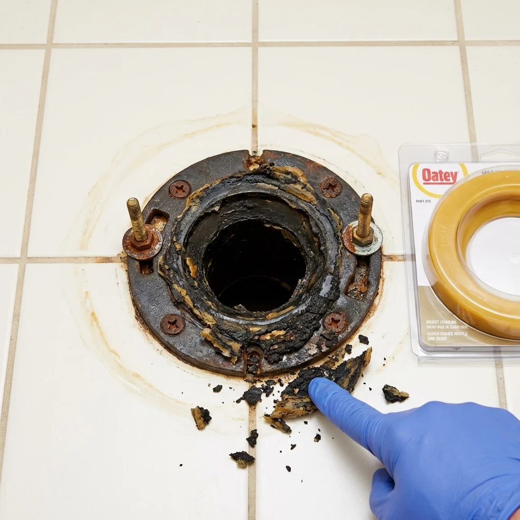 Failed wax ring showing water seepage at the base of a toilet in a Goldendale, WA home