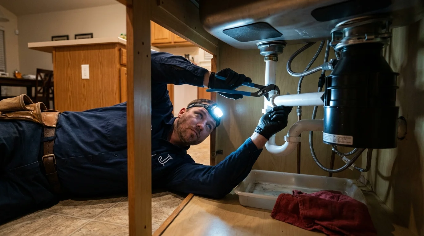 P-trap and supply line connections under a kitchen sink showing a common leak point in Goldendale, WA